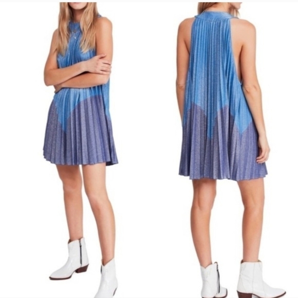 Free People Womens Pleated Love Metallic Mini Dress Small - Picture 2 of 10